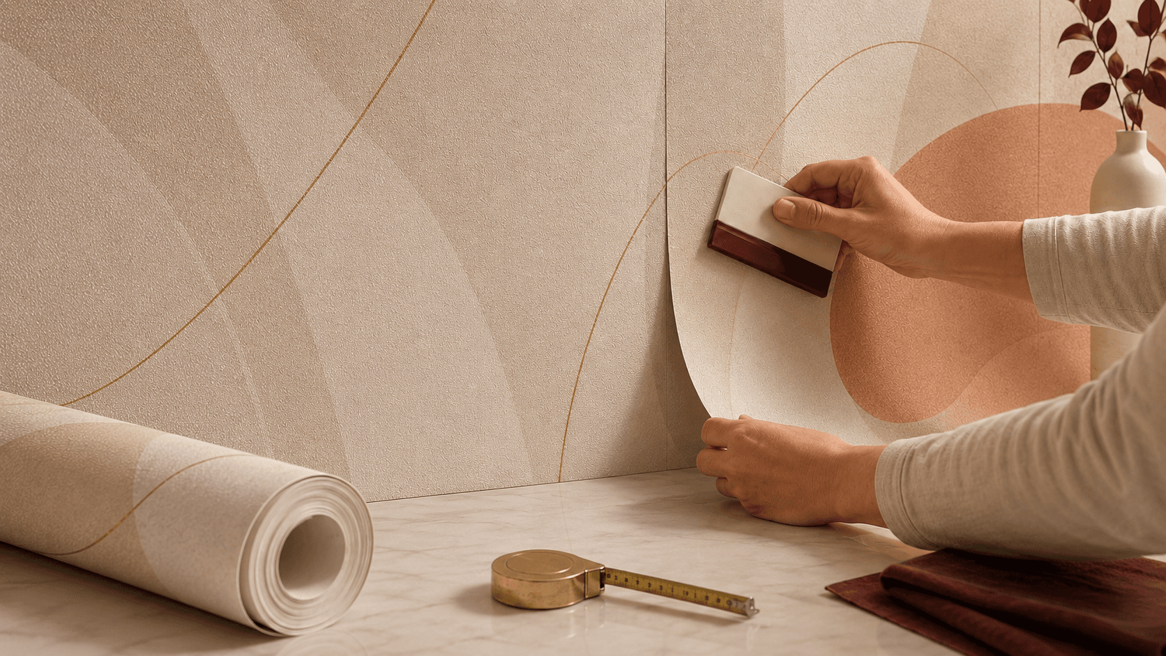 Technician installing wallpaper on a wall