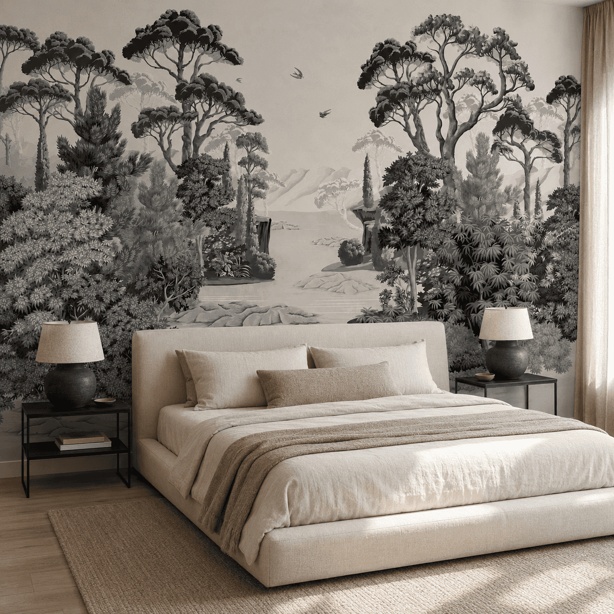 Grayscale forest mural behind a bed in a calm bedroom