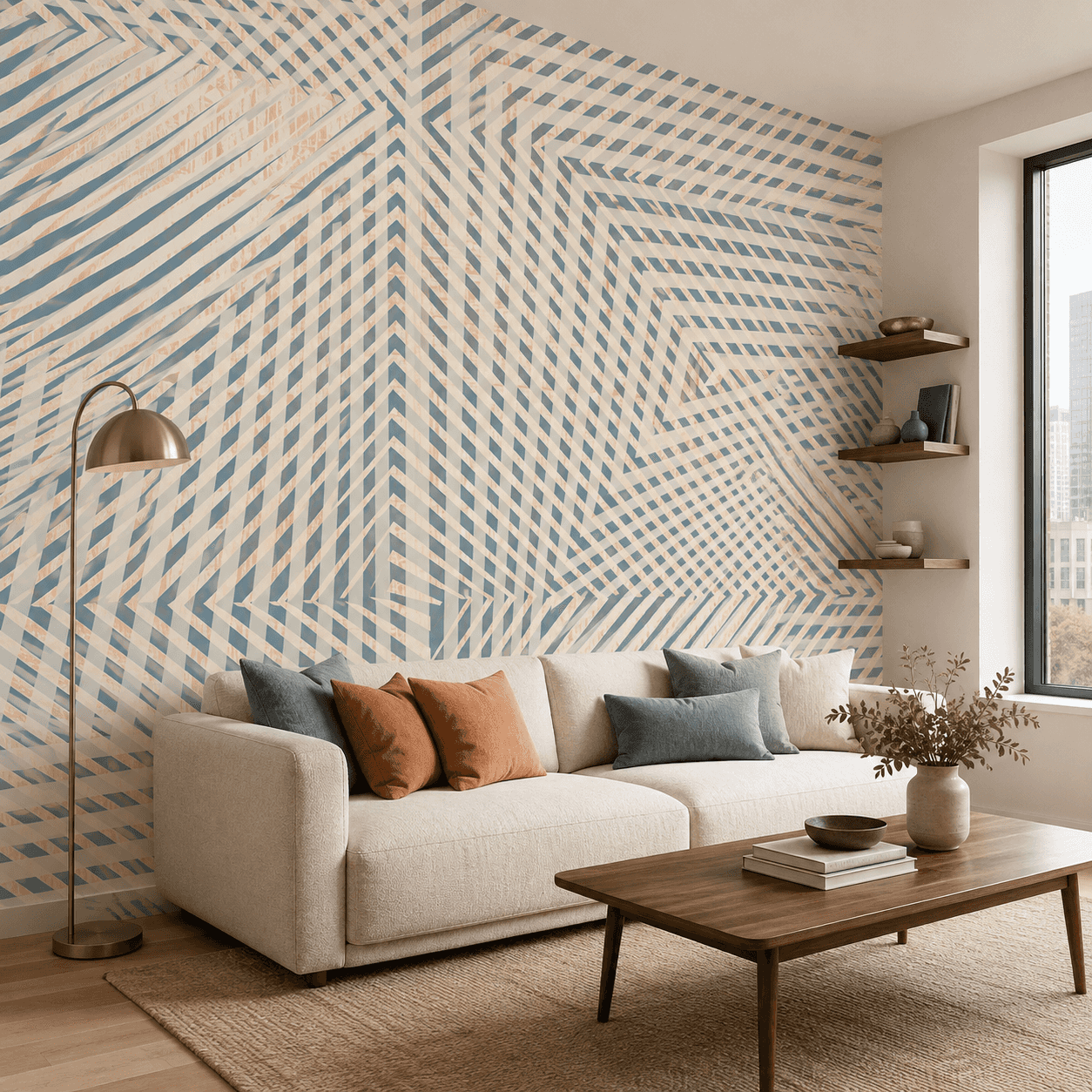 Interlaced geometric wallpaper installed in a modern living room