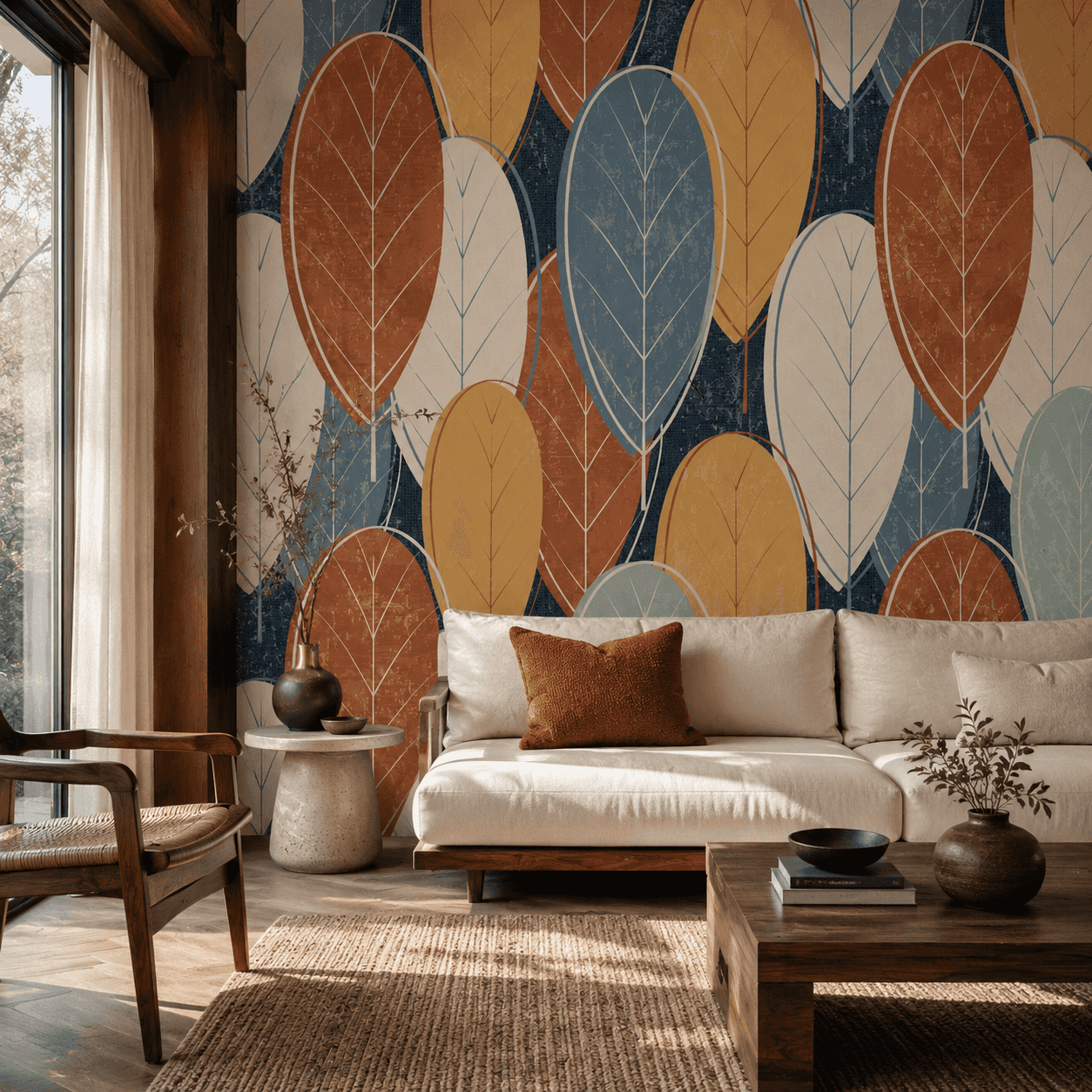 Botanical leaves wallpaper installed in a modern living room with a cream sofa